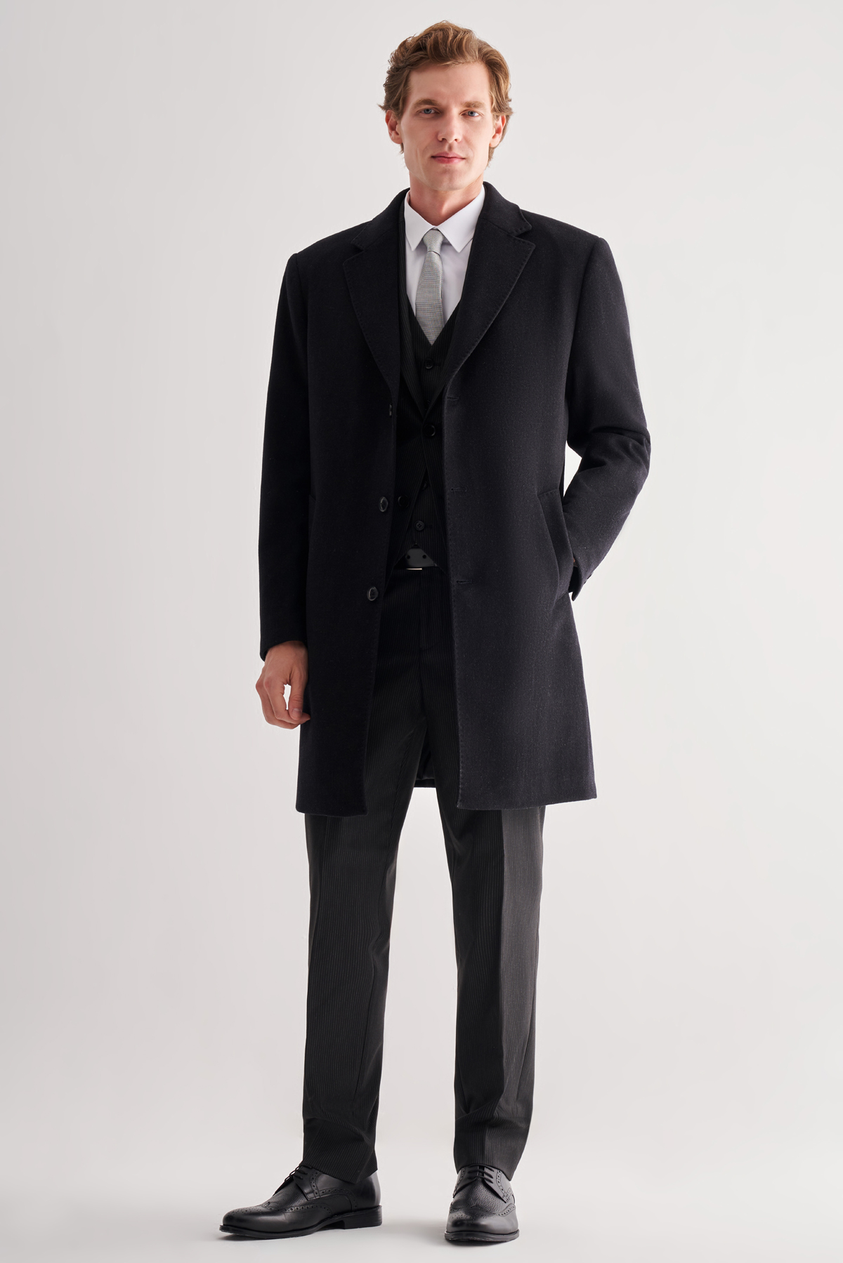 Koyu Lacivert Mono Yaka Palto Tam Astar Classic Comfort Fit Yünlü Kaşe Palto 1005255151